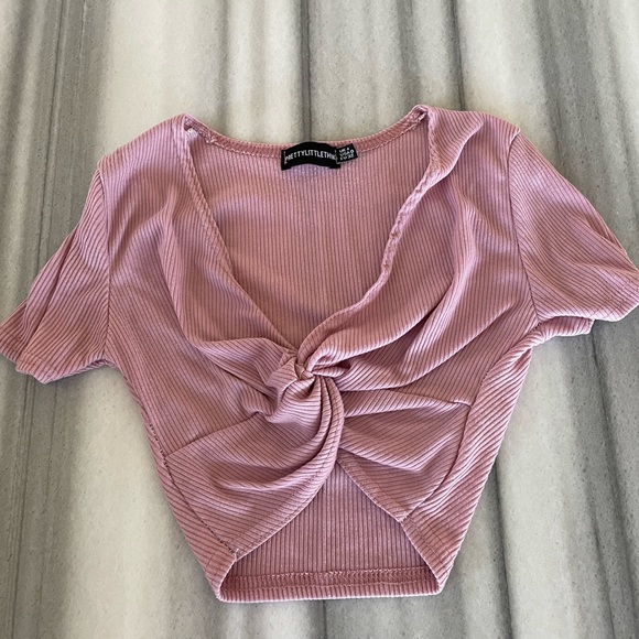 Baby Pink Rib Knot Front Short Sleeve Crop Top US0 NEW - Picture 6 of 8